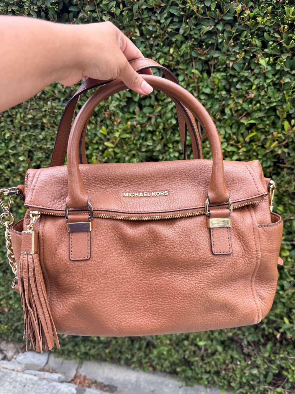 Michael Kors Brown Pebbled Leather Satchel with Tassel